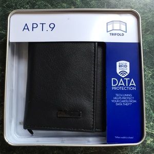 APT.9 Genuine Leather black trifold wallet